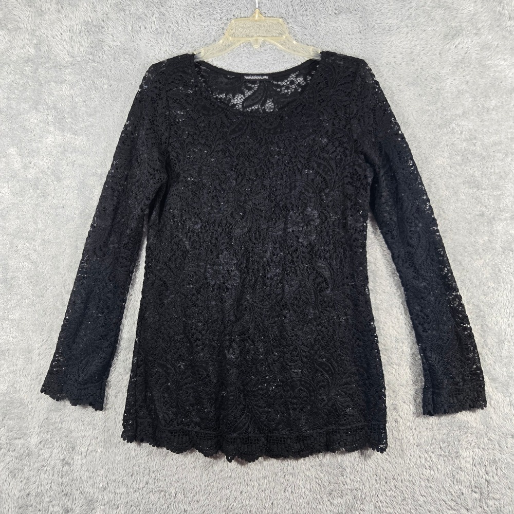 YouAreNotAlone Black Floral Lace Long Sleeve Tunic‎ Top Scalloped Hem Size Small
